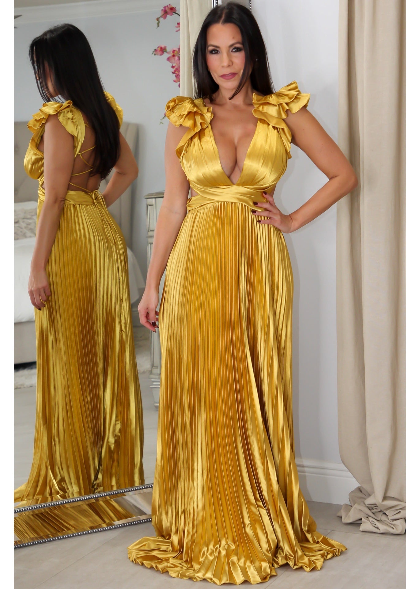 9322 Ruffle Maxi Pleated Dress