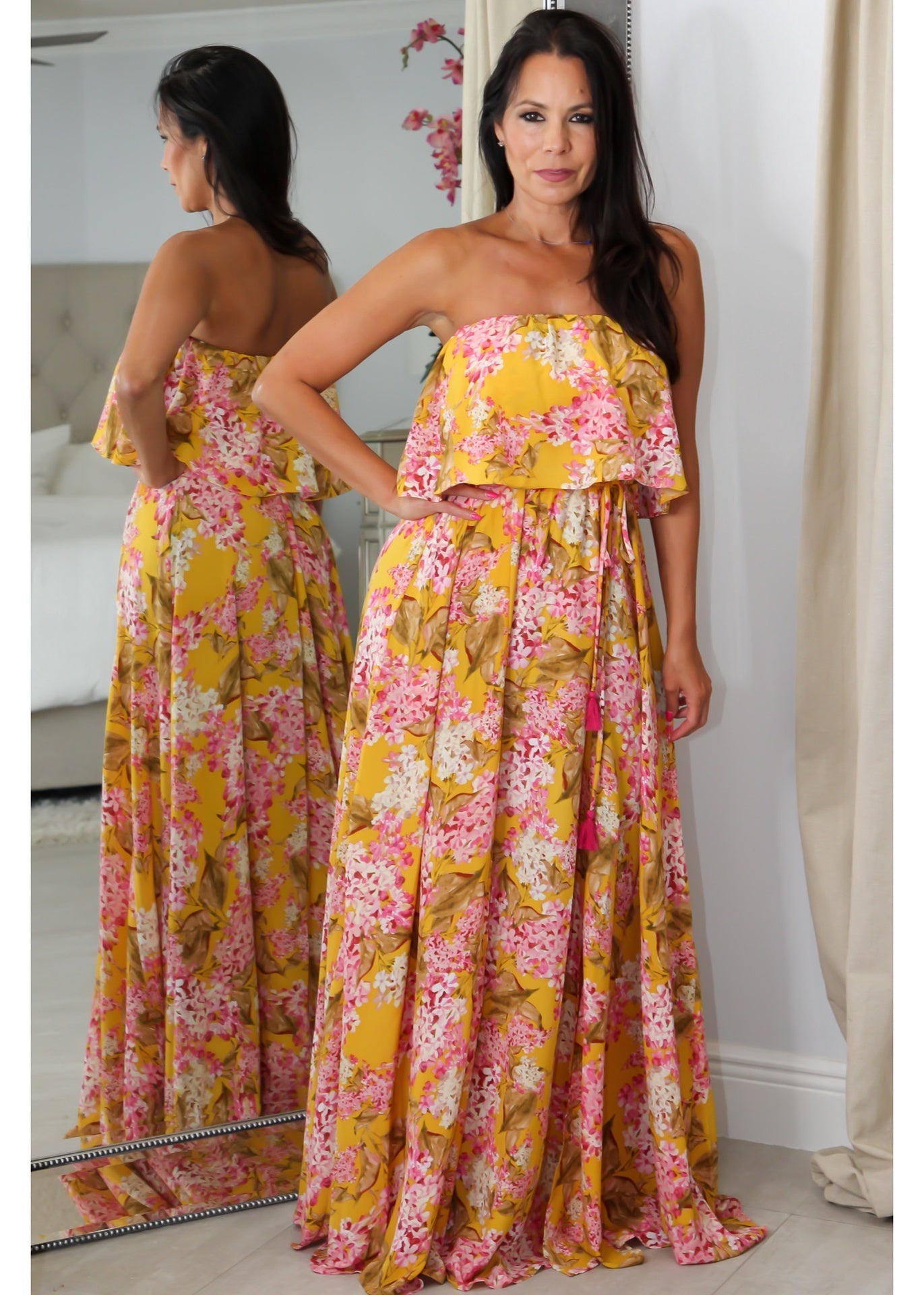28028 Mustard Print Ruffle Dress