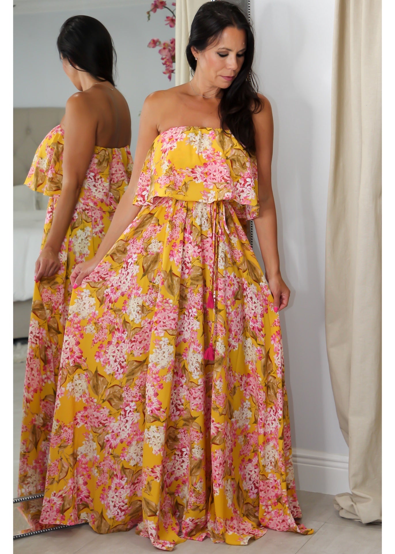 28028 Mustard Print Ruffle Dress