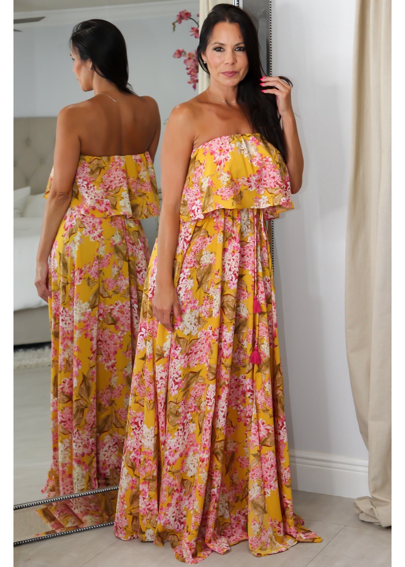 28028 Mustard Print Ruffle Dress