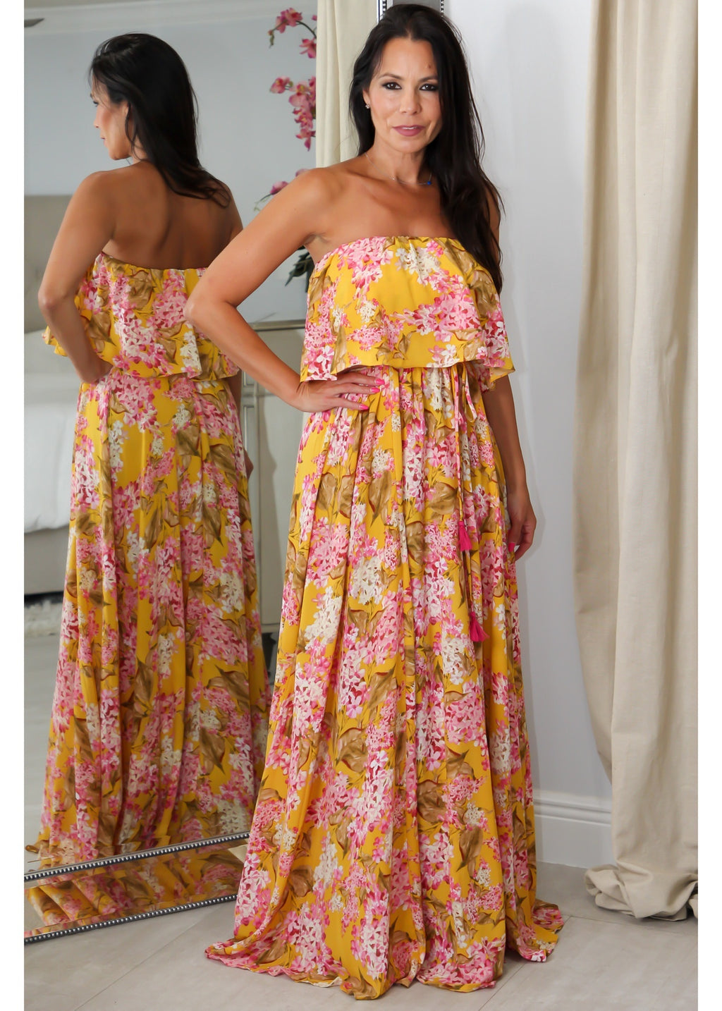 28028 Mustard Print Ruffle Dress
