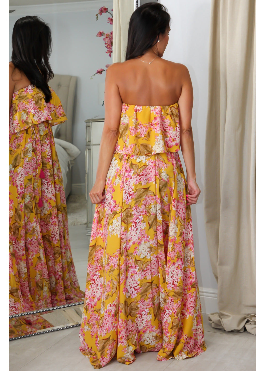 28028 Mustard Print Ruffle Dress
