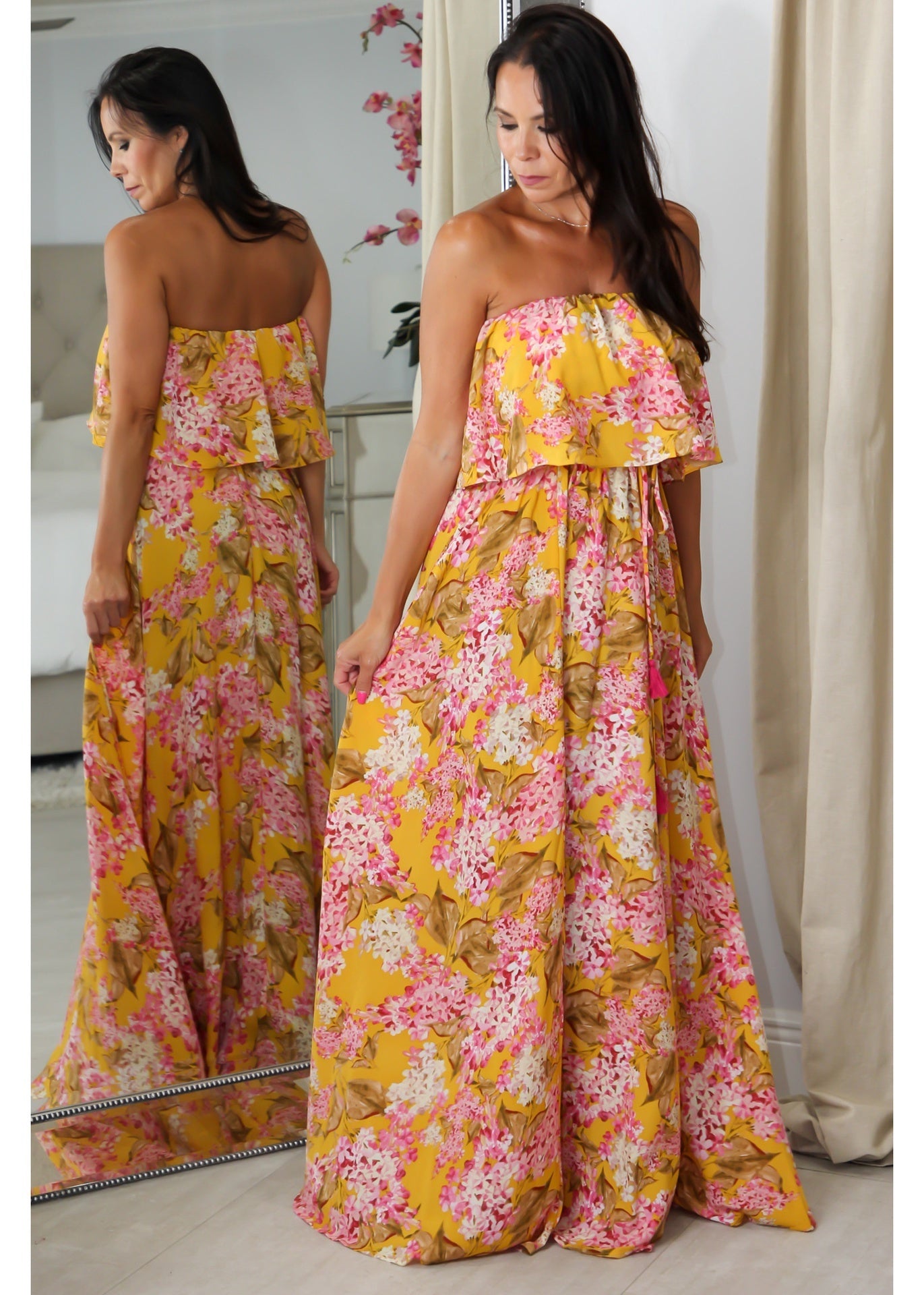 28028 Mustard Print Ruffle Dress