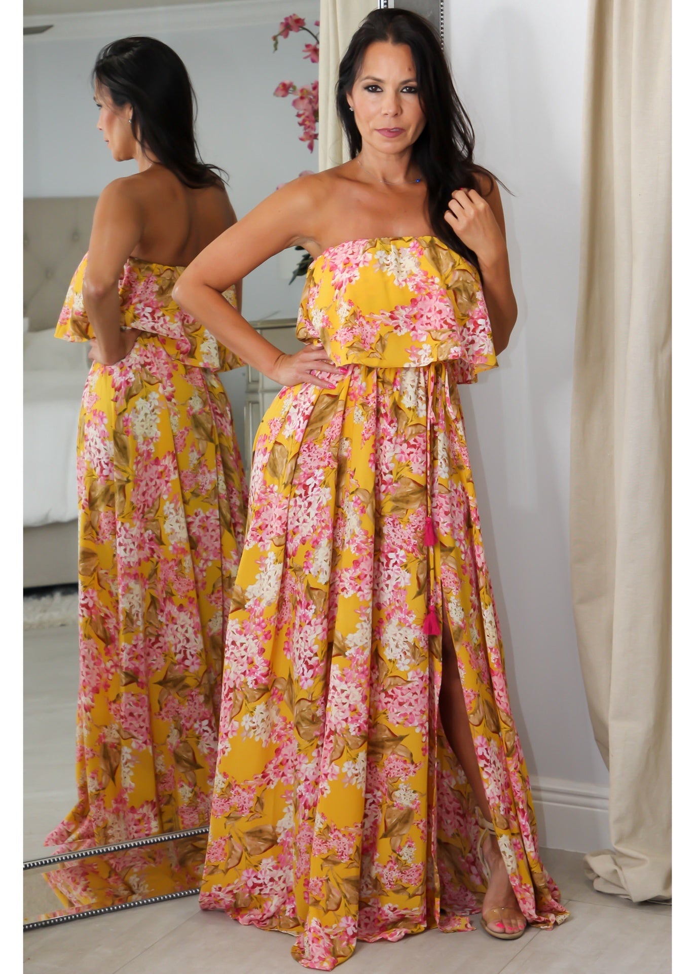 28028 Mustard Print Ruffle Dress