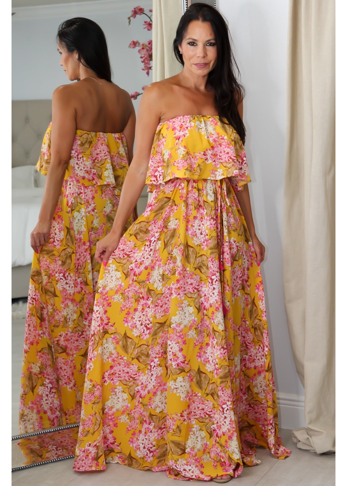 28028 Mustard Print Ruffle Dress