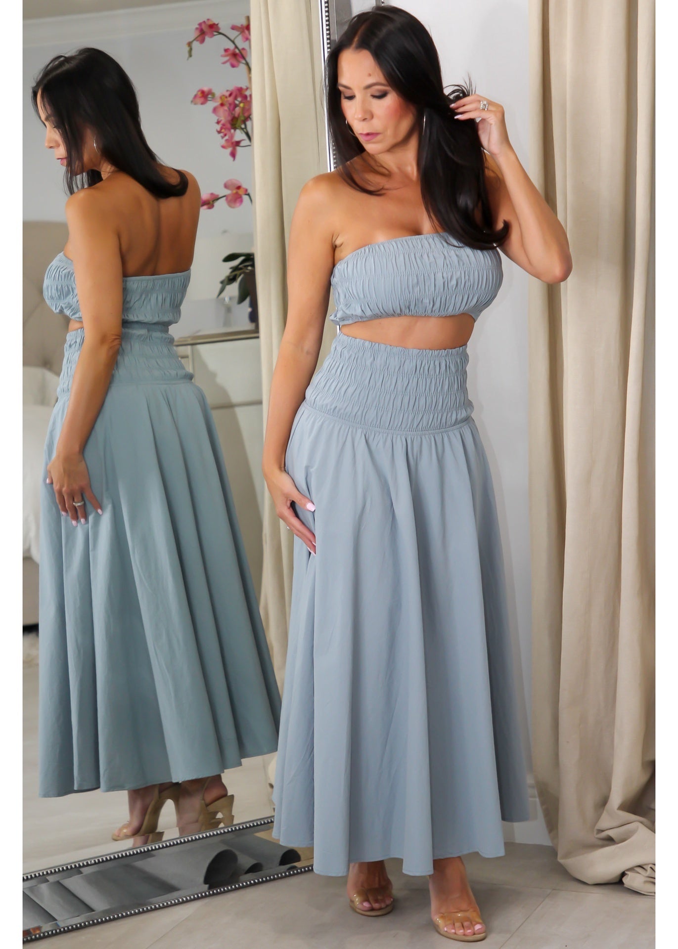 7297 Smocked Crop & Midi Skirt Set