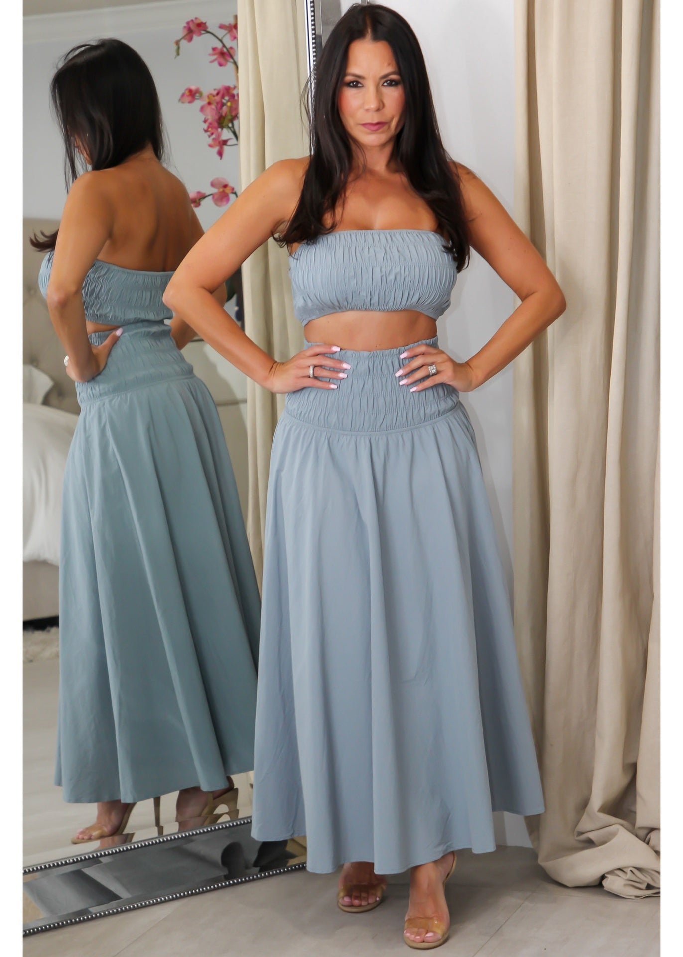 7297 Smocked Crop & Midi Skirt Set
