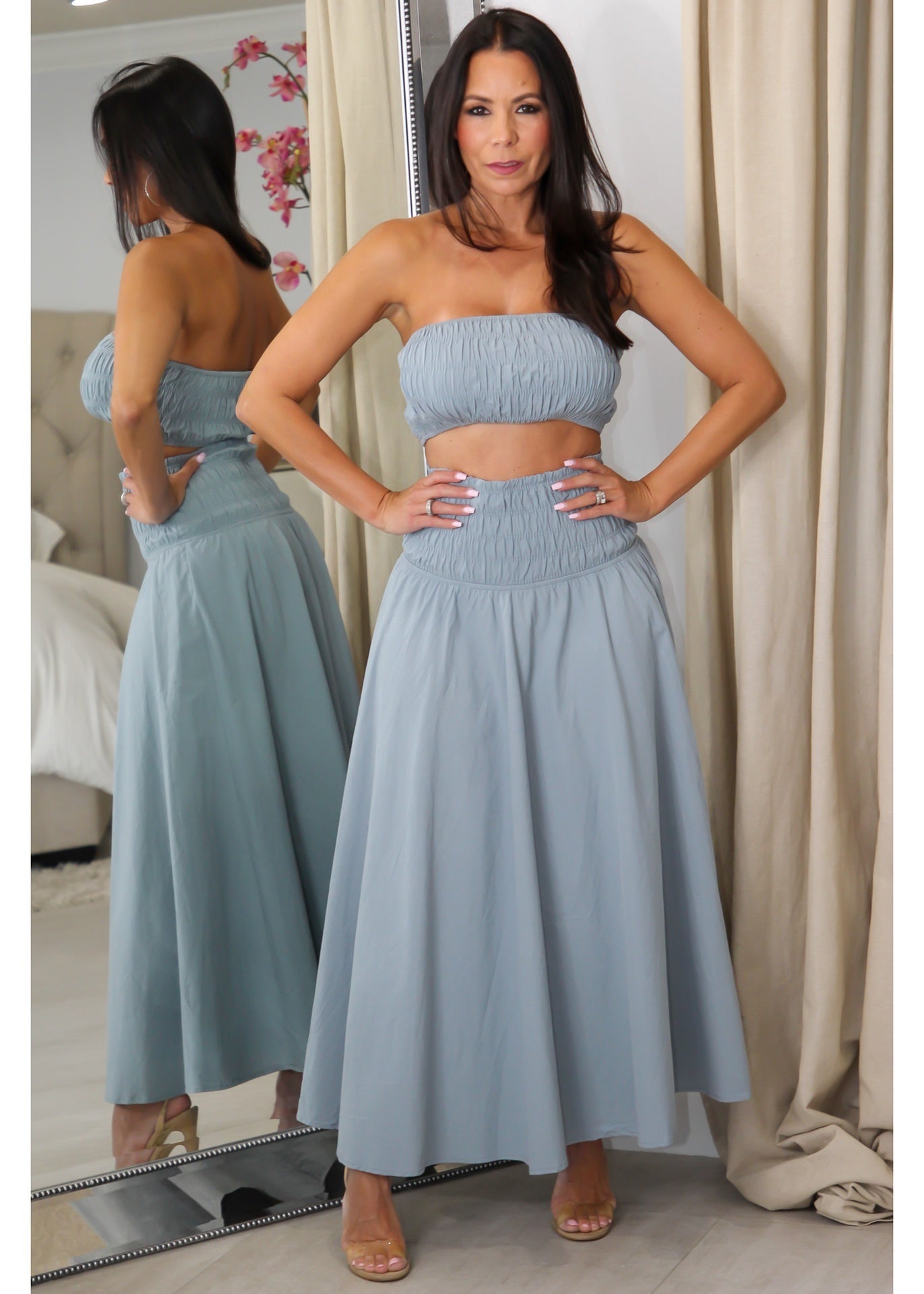 7297 Smocked Crop & Midi Skirt Set