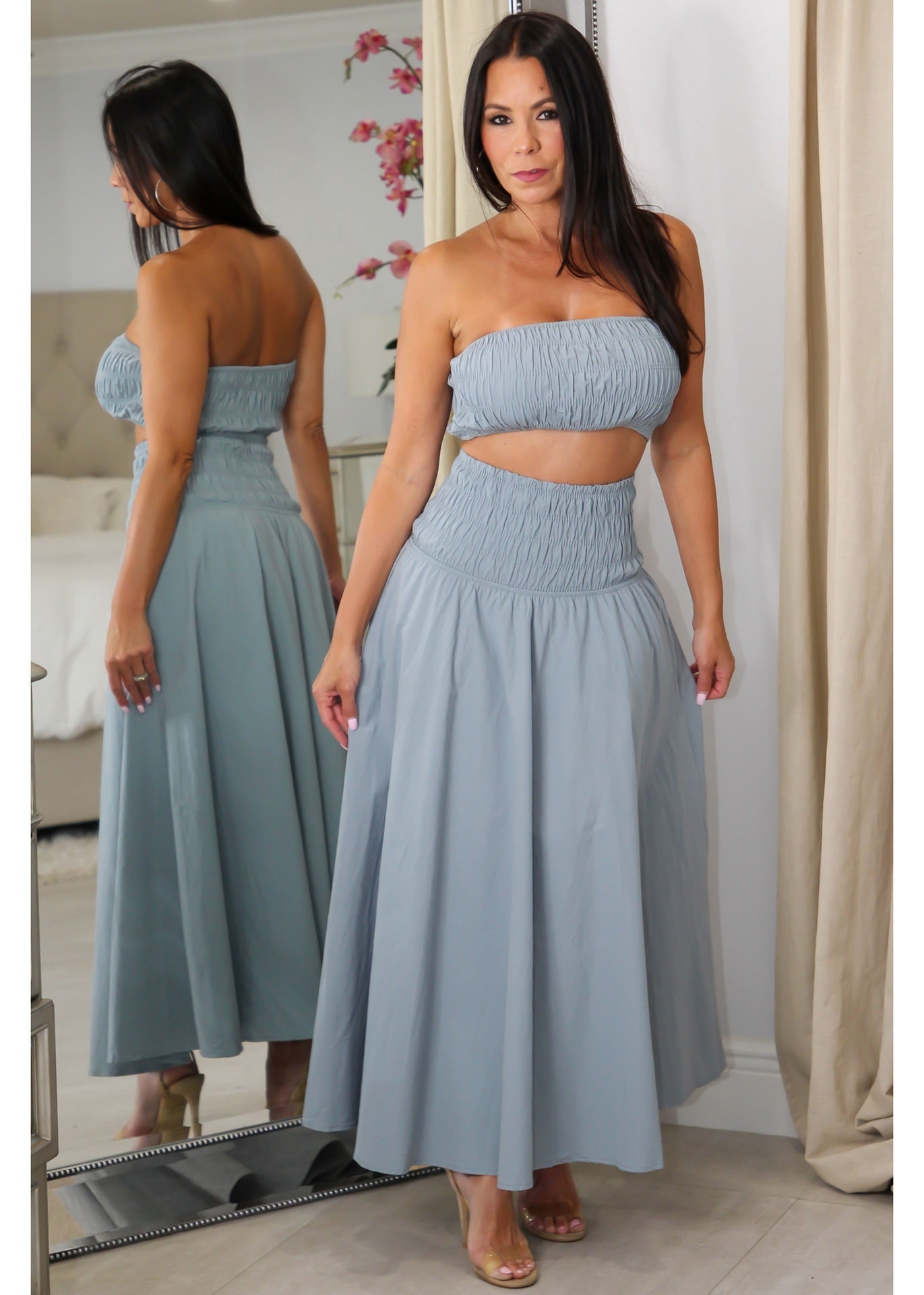 7297 Smocked Crop & Midi Skirt Set