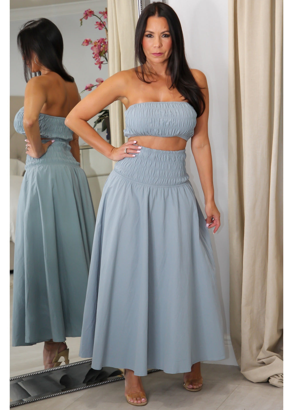 7297 Smocked Crop & Midi Skirt Set