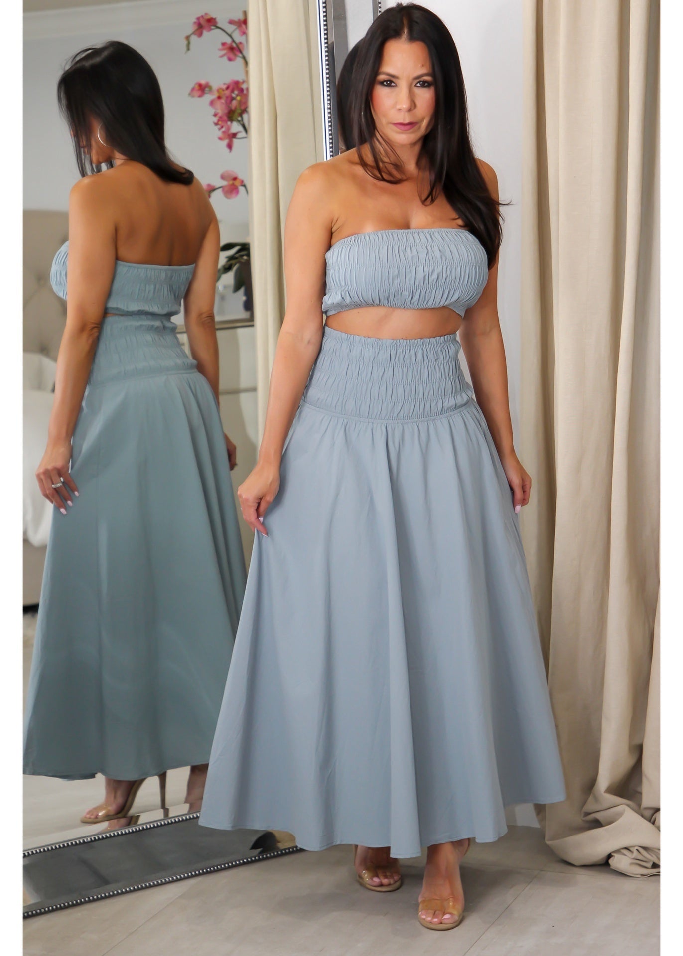 7297 Smocked Crop & Midi Skirt Set