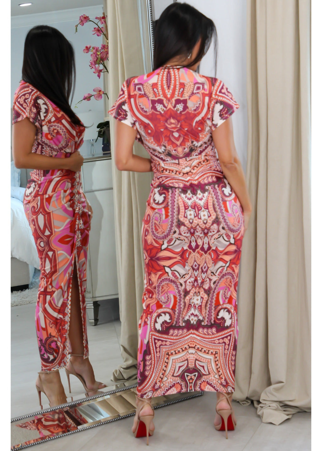 3429 Shirring Middle V-Neck Dress