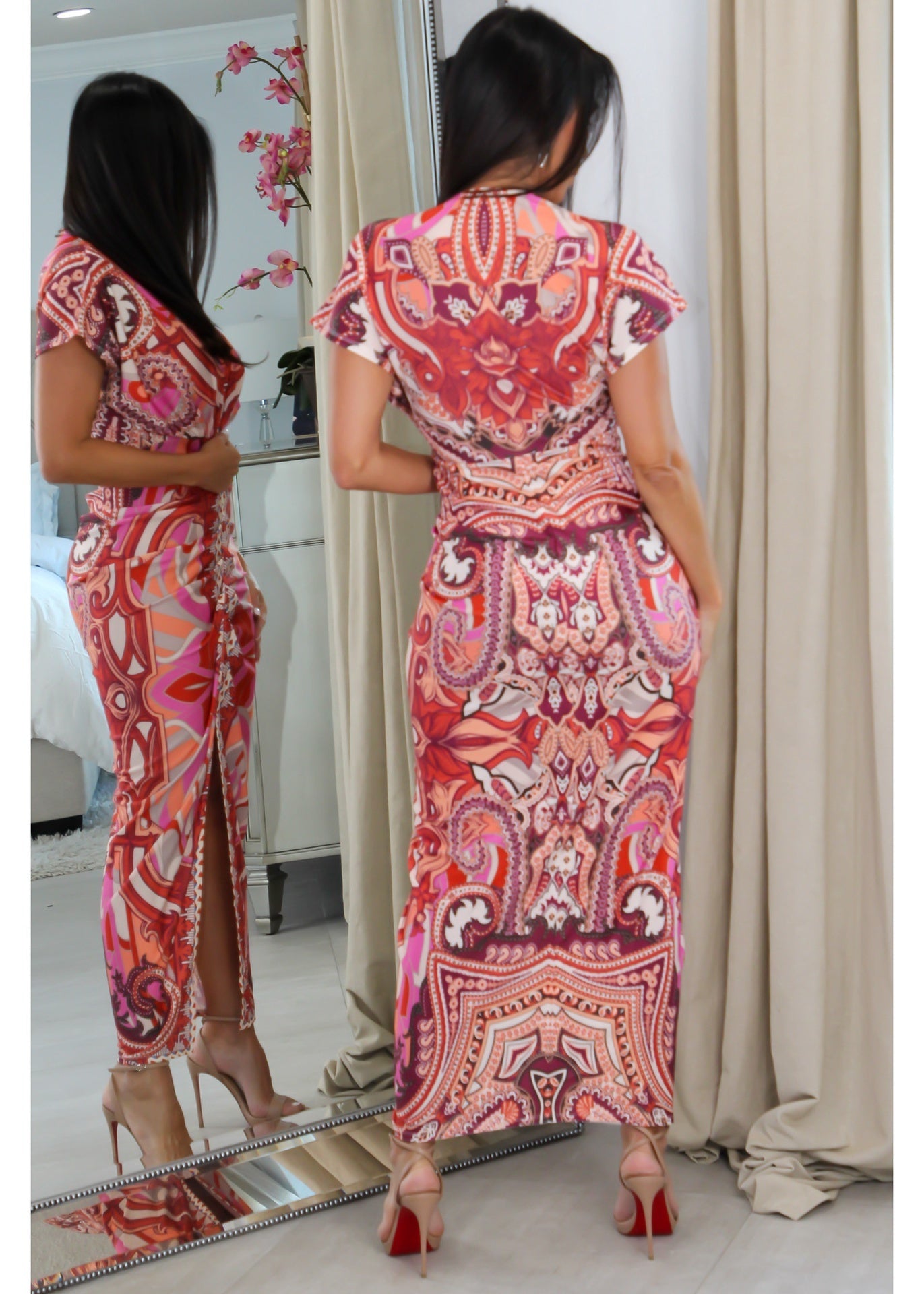 3429 Shirring Middle V-Neck Dress