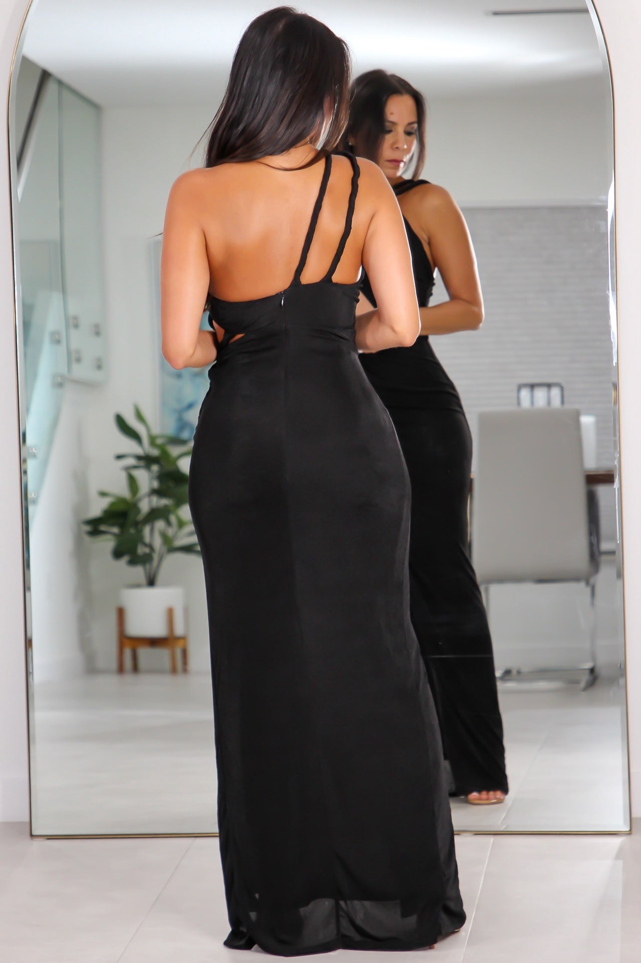 8974 Cutout Twist Strap Gown