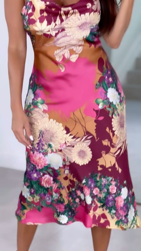 28109 Thin Straps Cowl Neck Midi Slip Dress