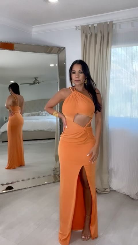 8974 Cutout Twist Strap Gown