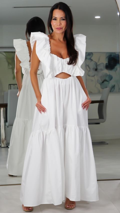 8505 Ruffle Shoulder Tiered Sleeve Ruched Maxi Dress