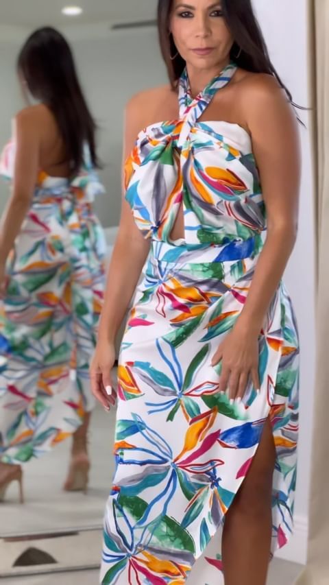 9465 Halter Floral Midi Dress