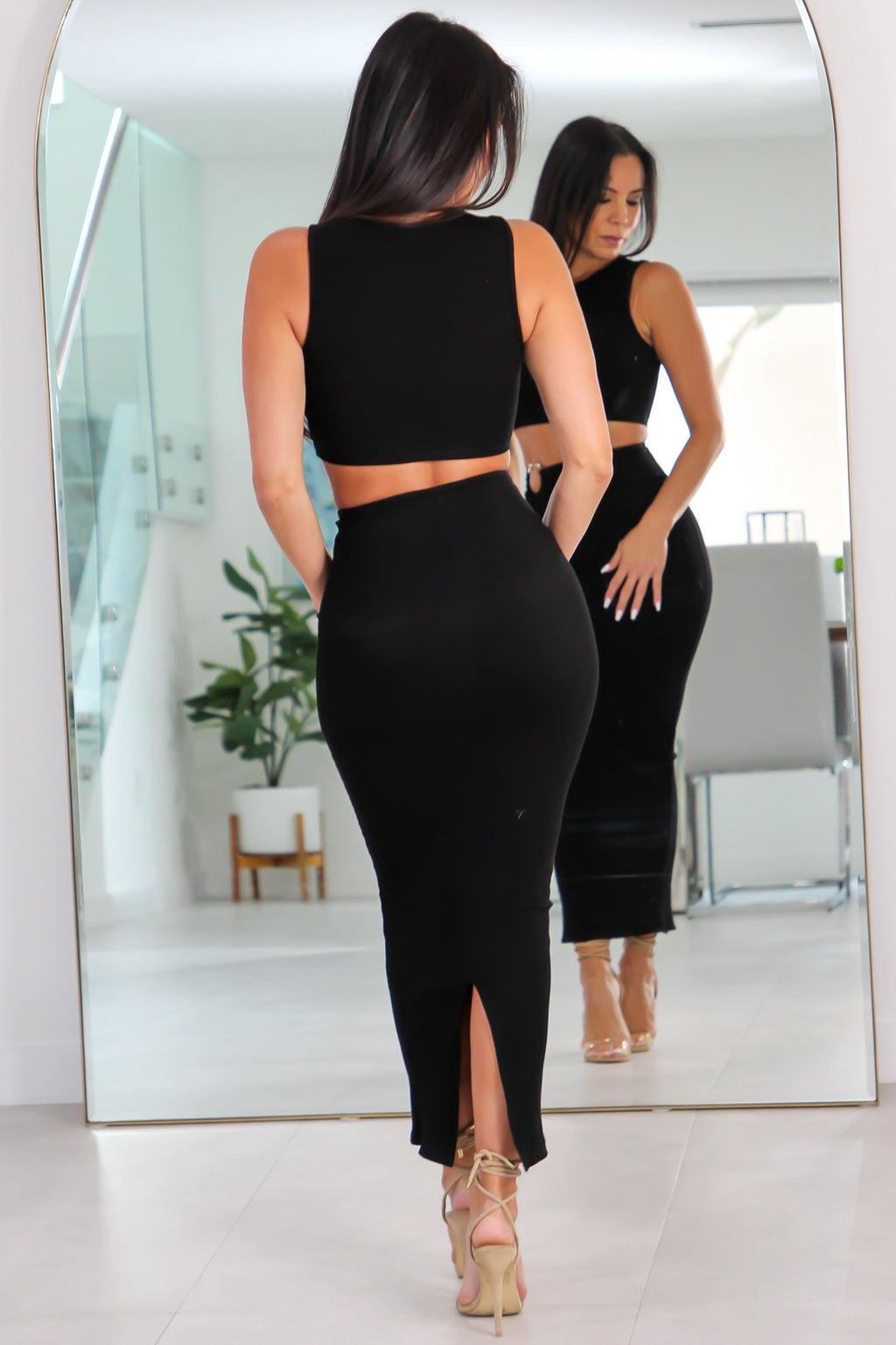 3353 Cropped Top and Midi Slit Skirt Set