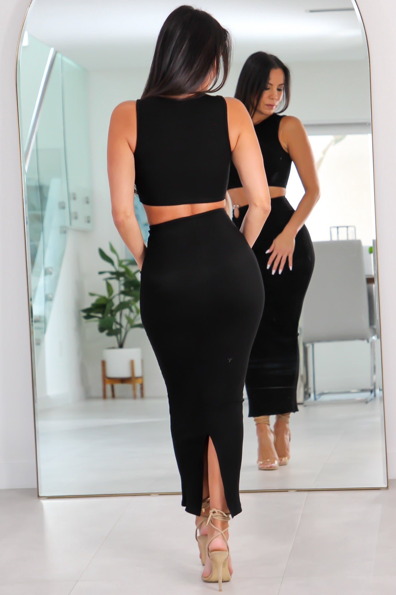 3353 Cropped Top and Midi Slit Skirt Set