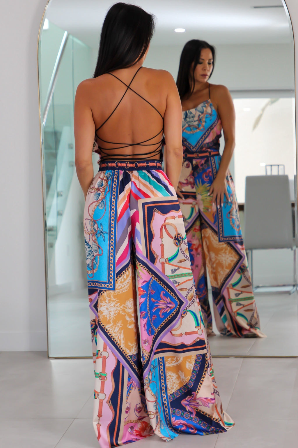 2399 Scarf Top Satin Pant Set