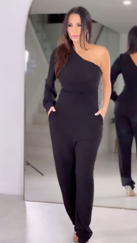 38243 Glittery One Shoulder Long Sleeve Jumpsuit