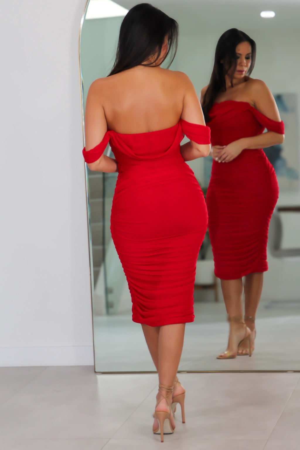 1724 Metallic Ruched Mesh Off Shoulder Midi Dress