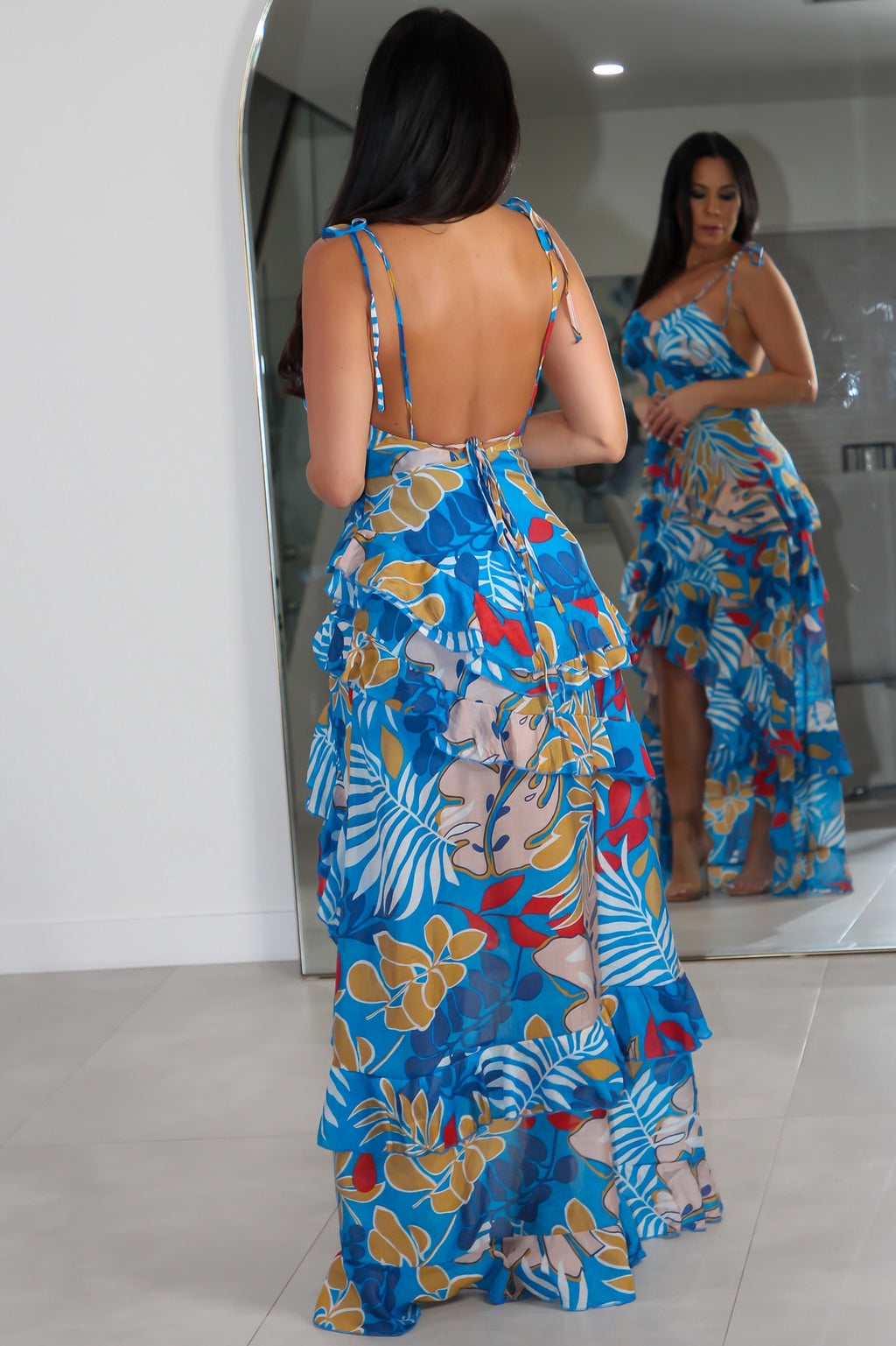 3159 Woven Print Sleeveless Ruffle Layer Long Dress
