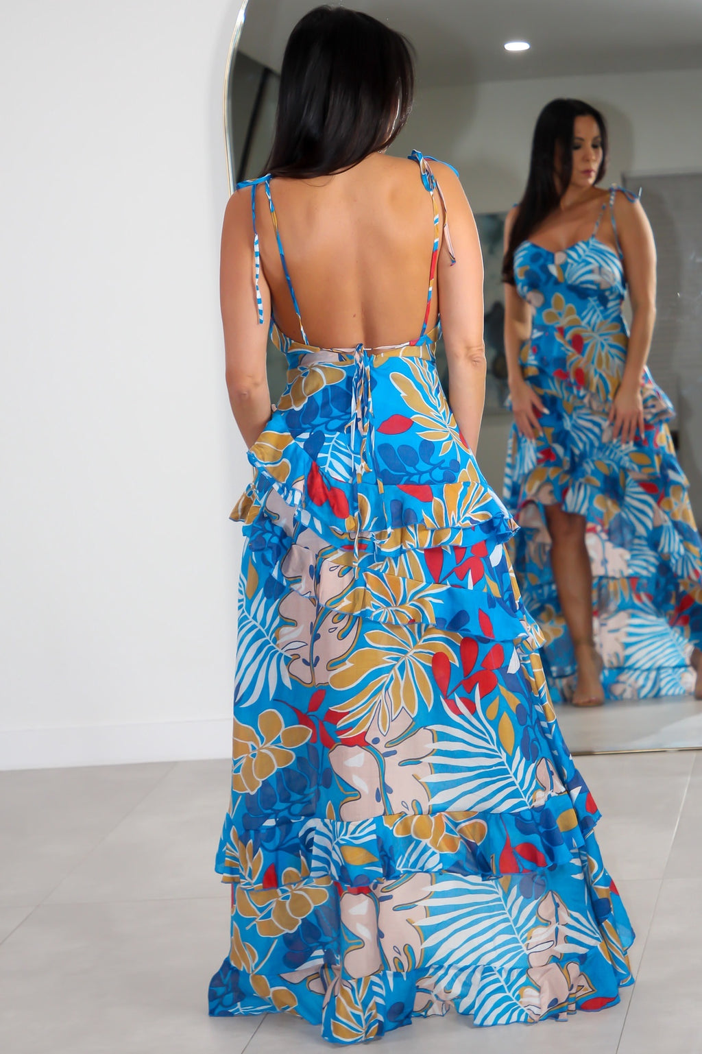 3159 Woven Print Sleeveless Ruffle Layer Long Dress