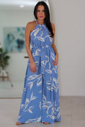 223 Leafy Print Halter Neck Sash Belted Jumpsuit