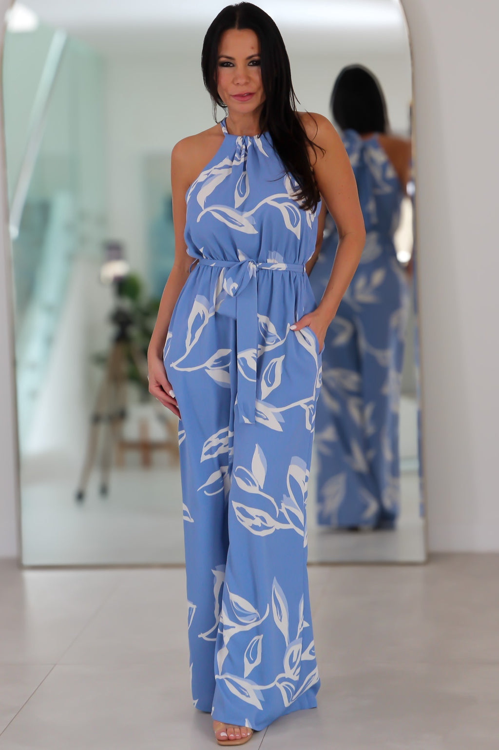 223 Leafy Print Halter Neck Sash Belted Jumpsuit