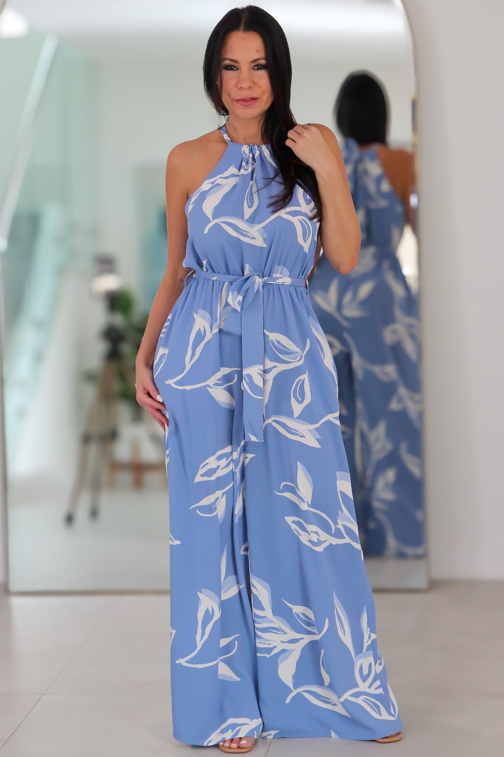 223 Leafy Print Halter Neck Sash Belted Jumpsuit