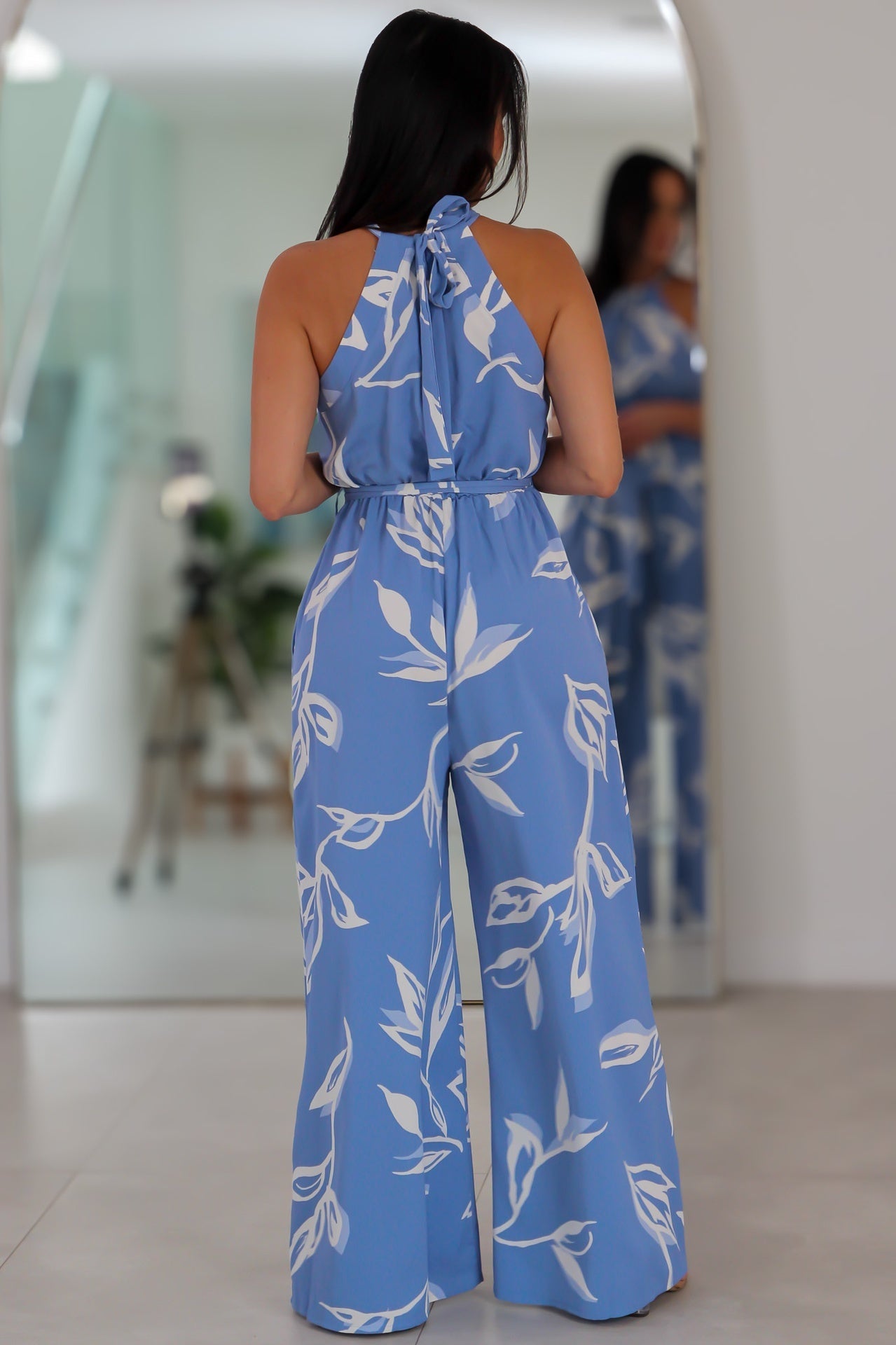 223 Leafy Print Halter Neck Sash Belted Jumpsuit