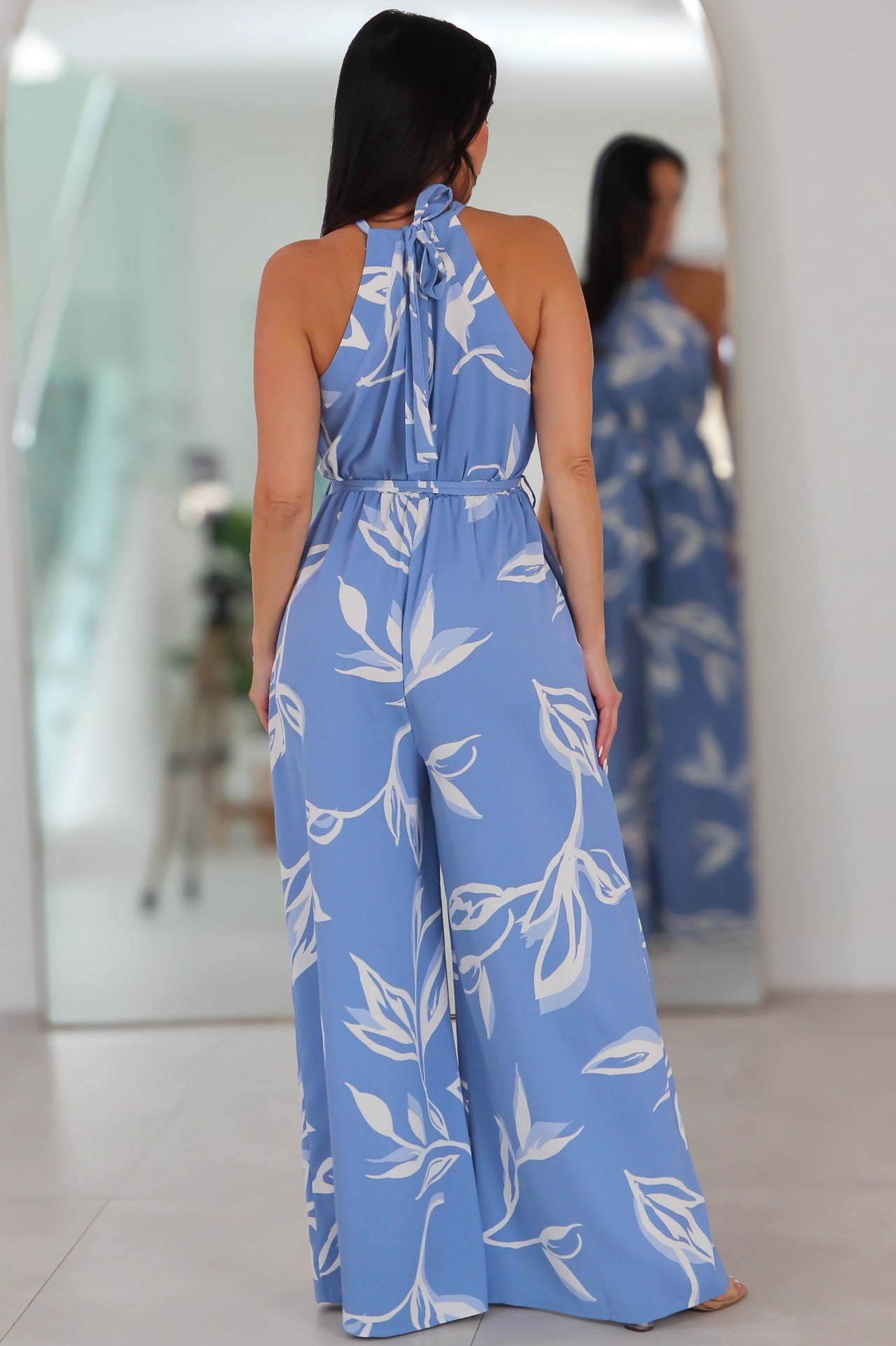 223 Leafy Print Halter Neck Sash Belted Jumpsuit