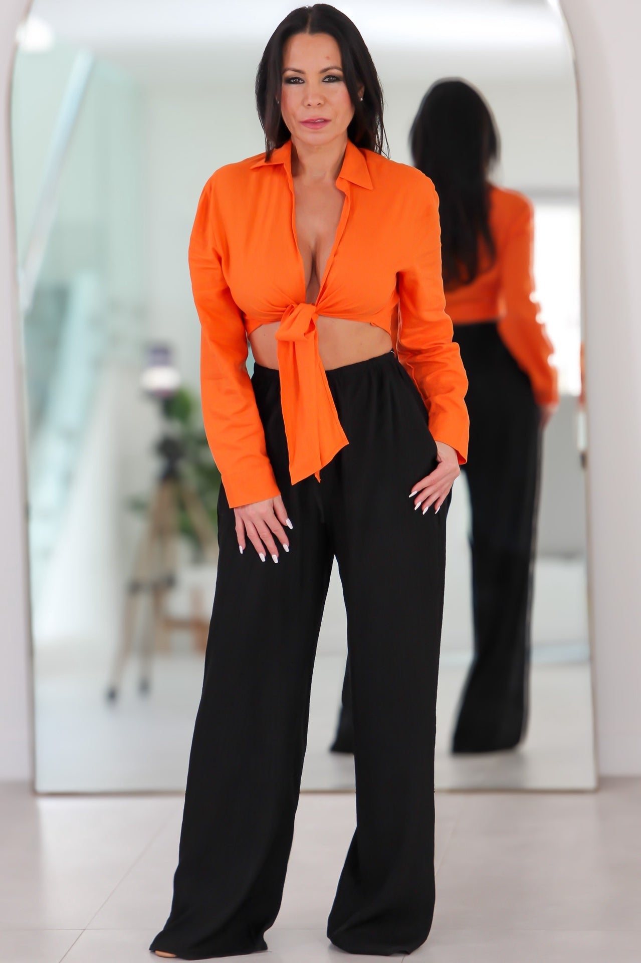 02 Tie Waist Linen Blend Wide Leg Pants