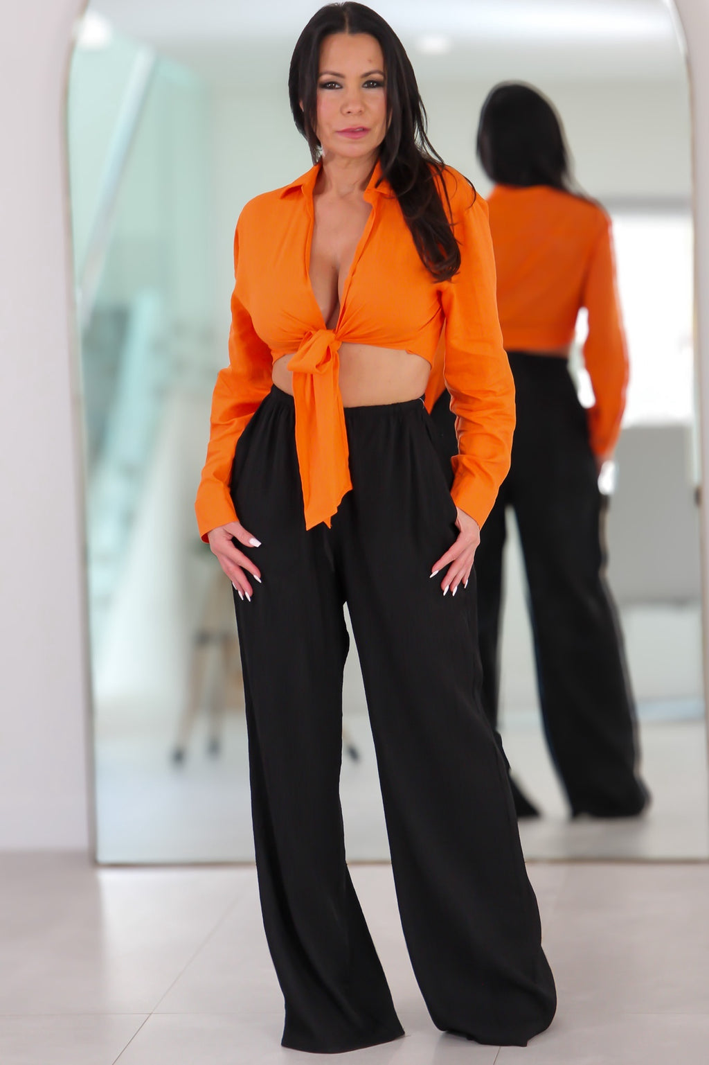 02 Tie Waist Linen Blend Wide Leg Pants