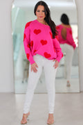 9040Heart Print Pattern Back Cutout Knit Sweater