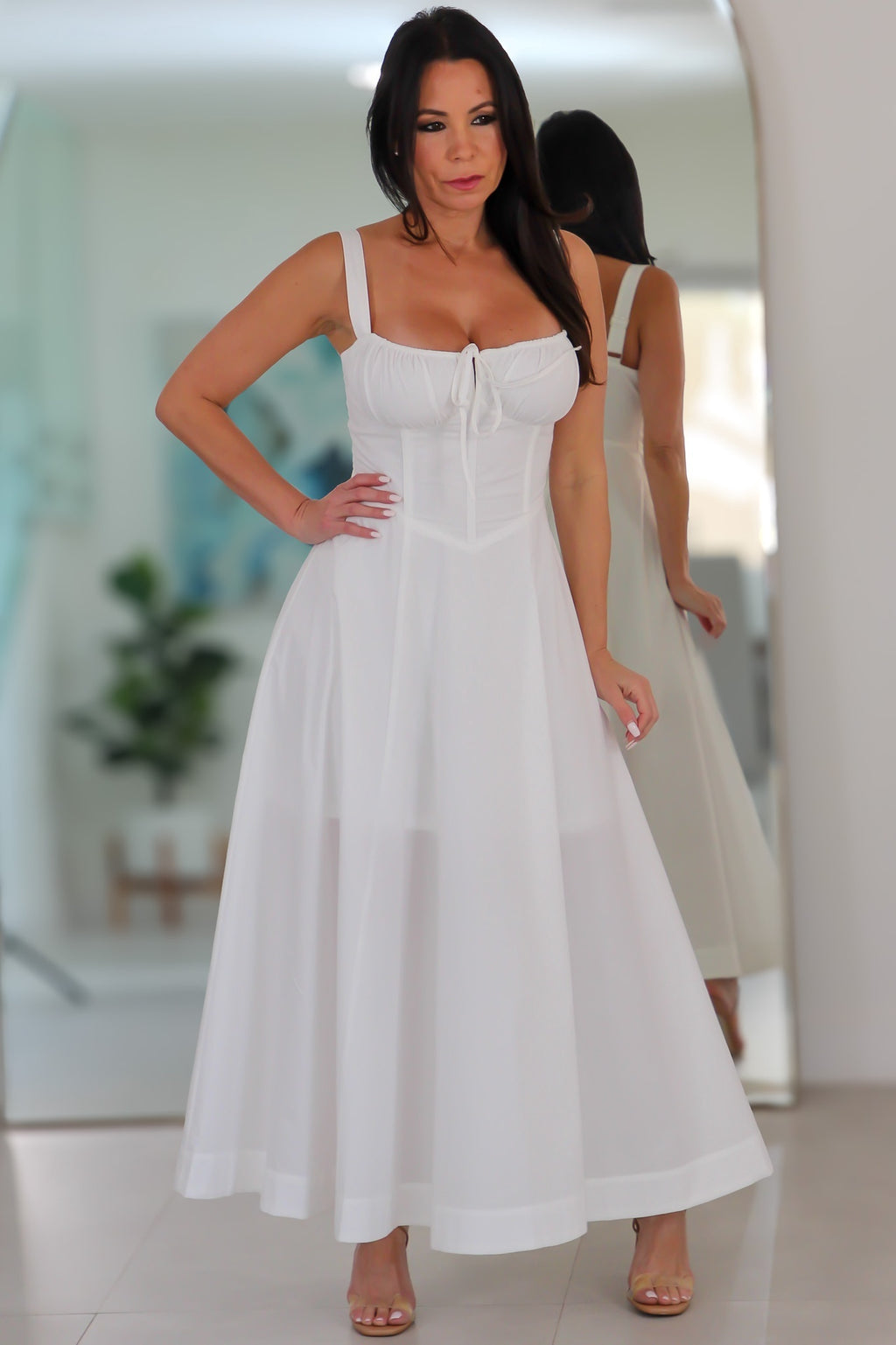 4553 Poplin Bustier Back Lace Up Bodice Midi Dress