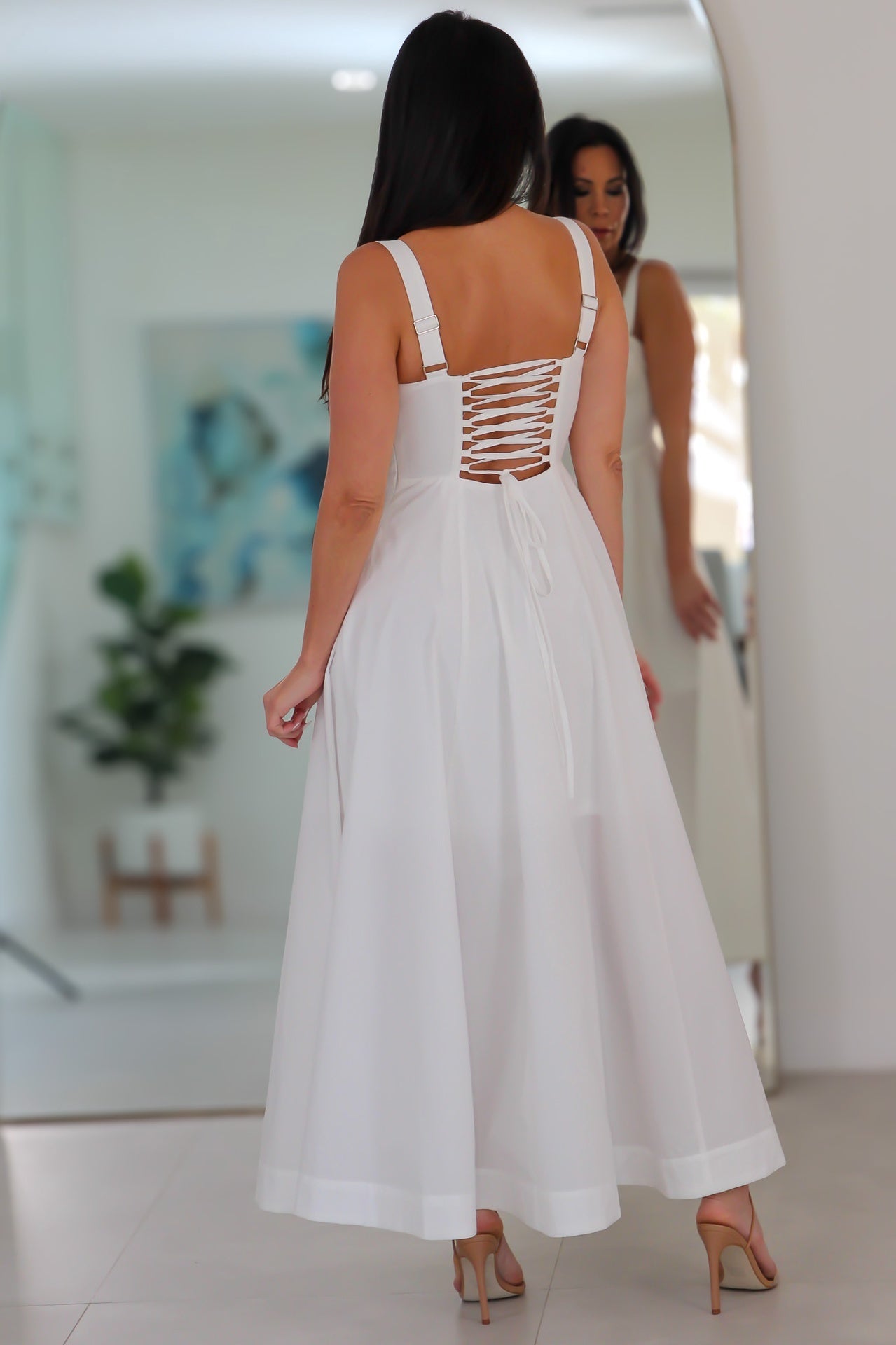 4553 Poplin Bustier Back Lace Up Bodice Midi Dress