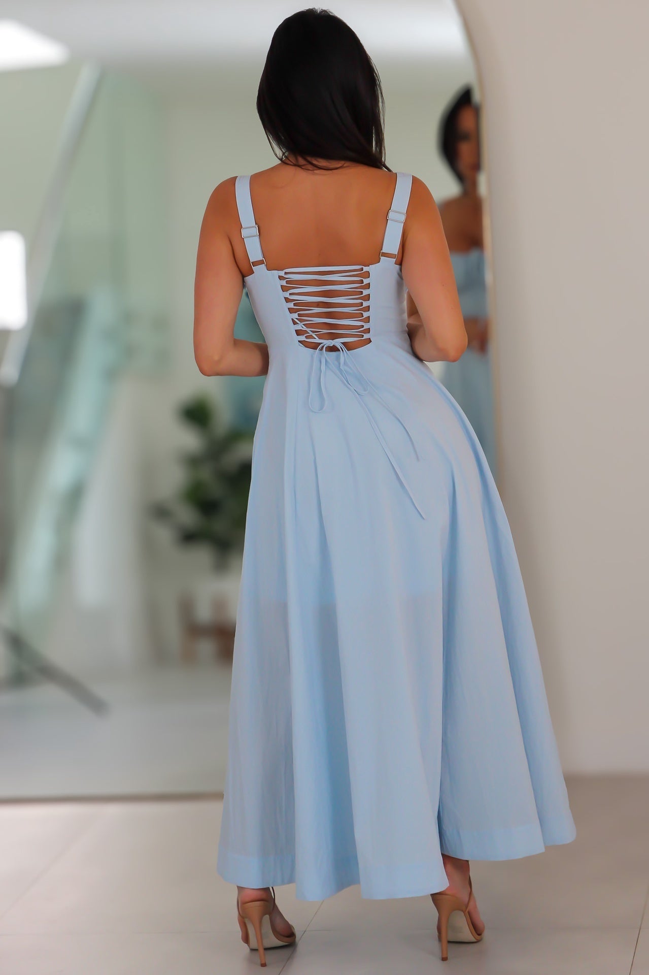 4553 Poplin Bustier Back Lace Up Bodice Midi Dress