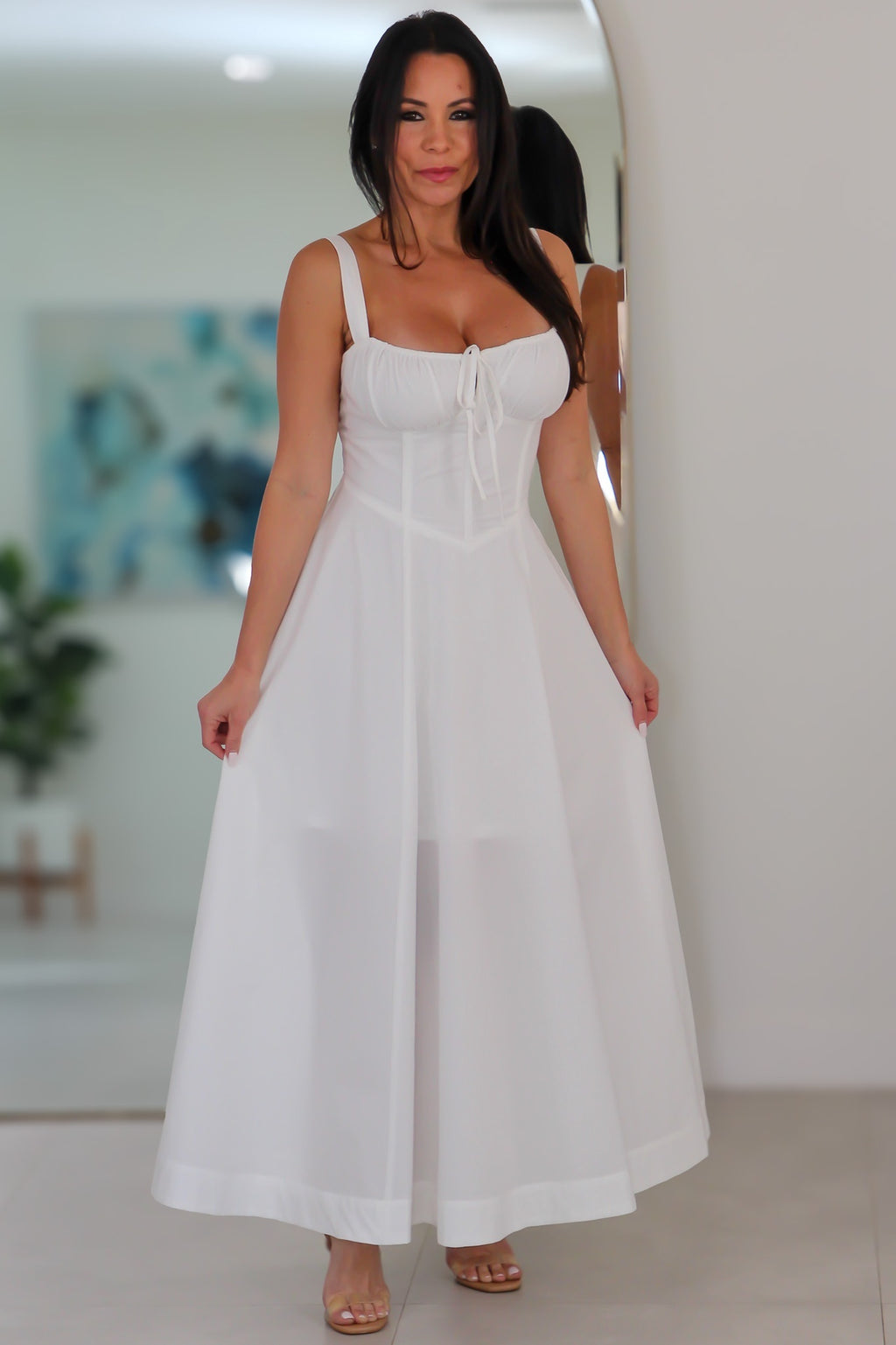 4553 Poplin Bustier Back Lace Up Bodice Midi Dress