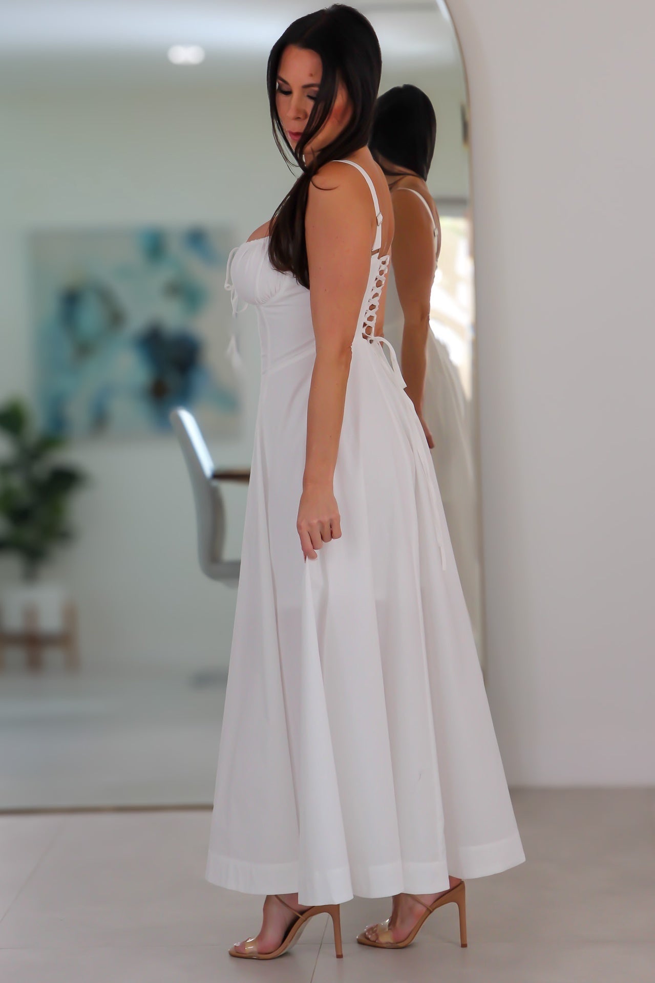 4553 Poplin Bustier Back Lace Up Bodice Midi Dress