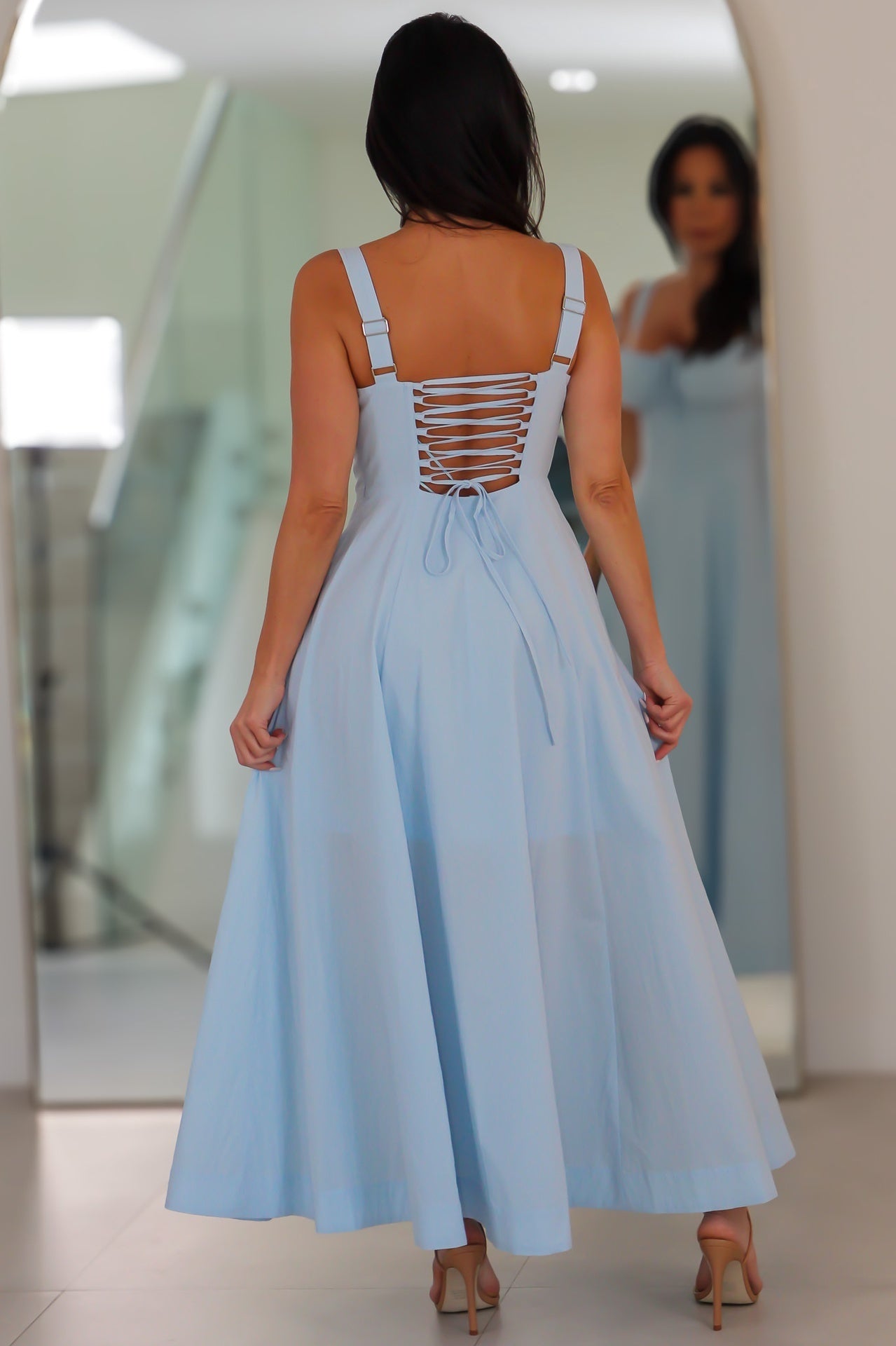 4553 Poplin Bustier Back Lace Up Bodice Midi Dress