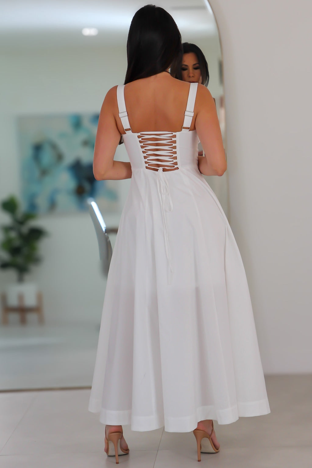 4553 Poplin Bustier Back Lace Up Bodice Midi Dress