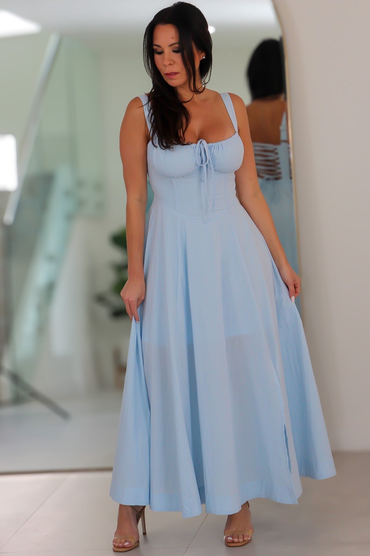 4553 Poplin Bustier Back Lace Up Bodice Midi Dress