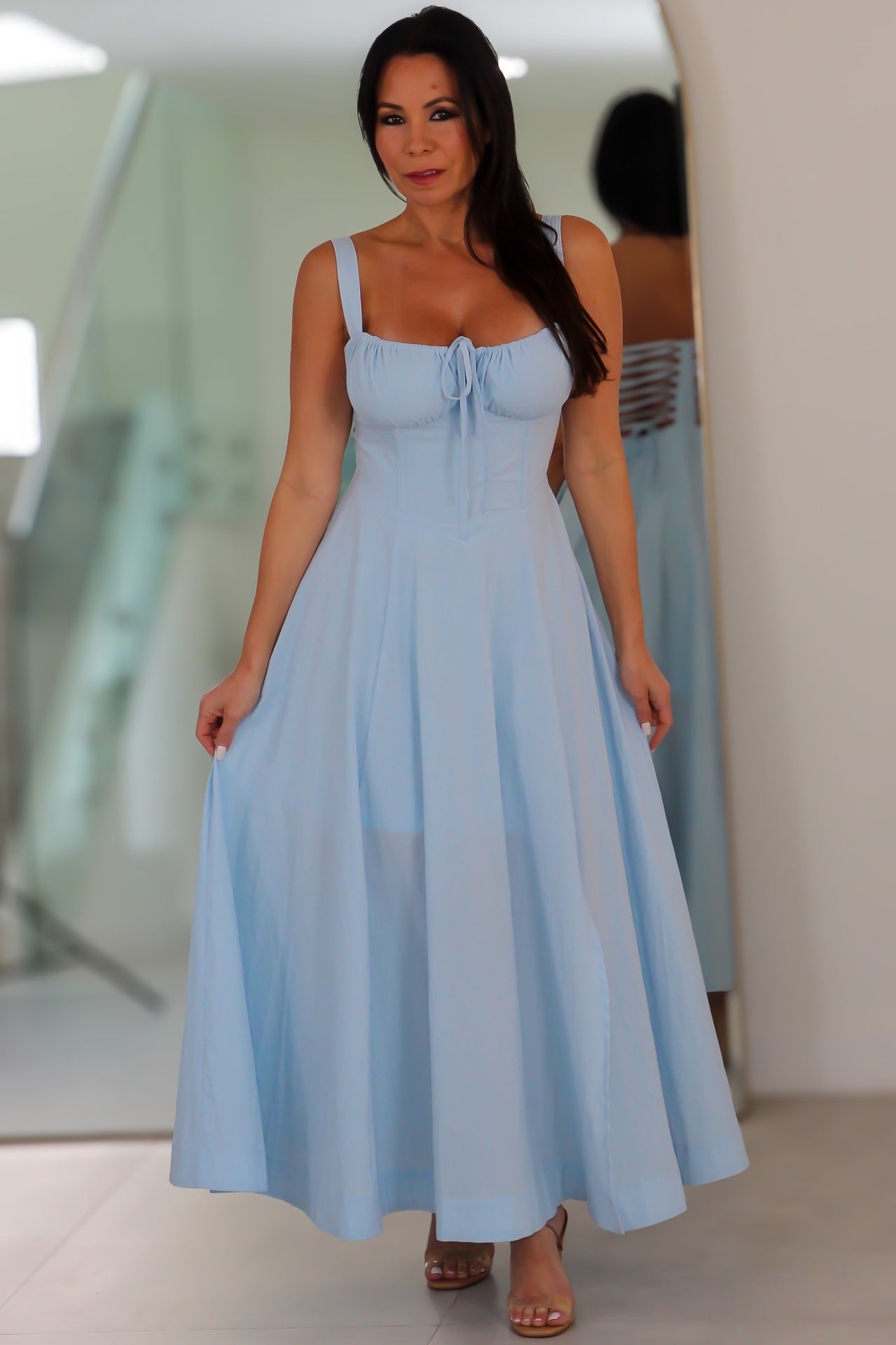 4553 Poplin Bustier Back Lace Up Bodice Midi Dress