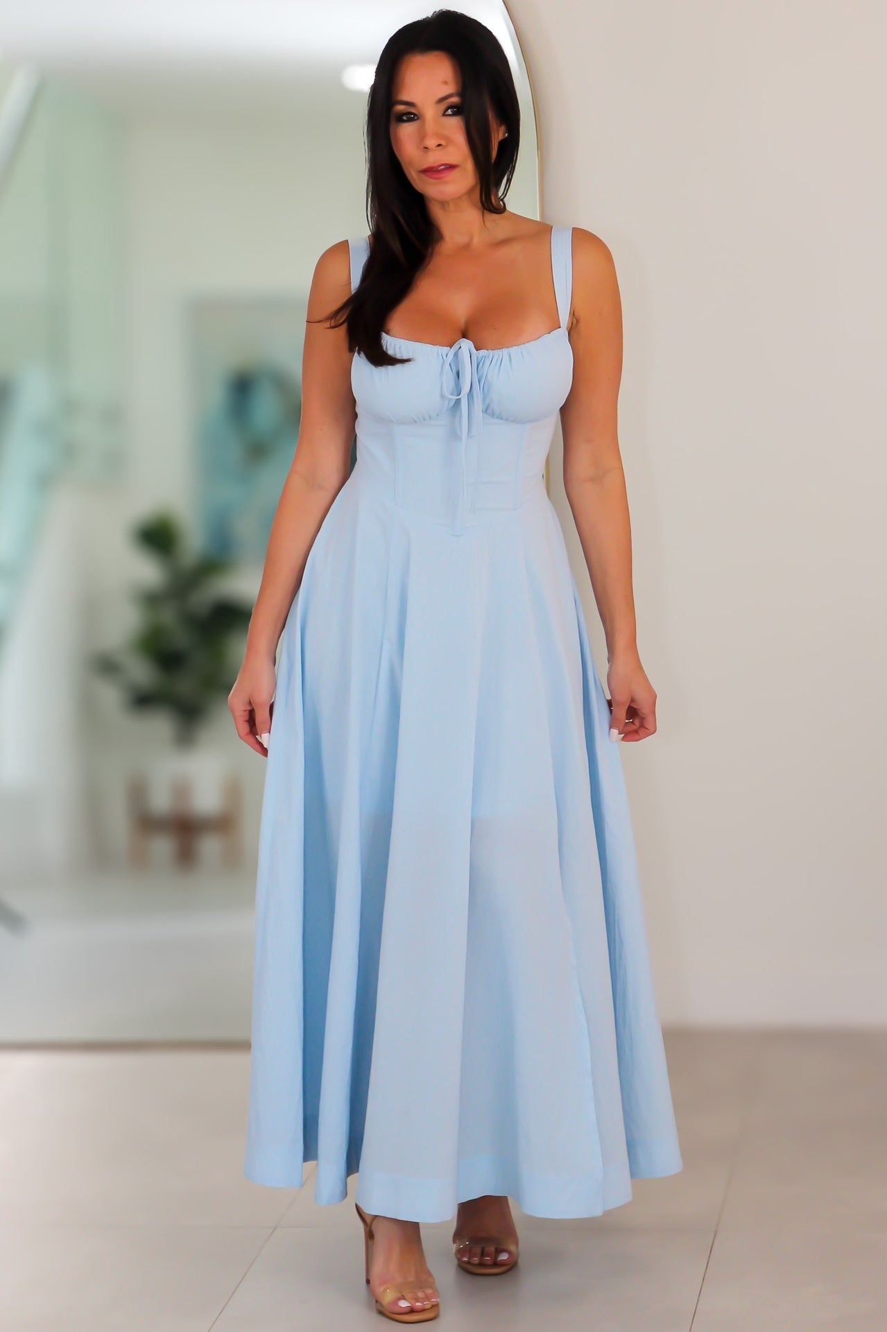 4553 Poplin Bustier Back Lace Up Bodice Midi Dress