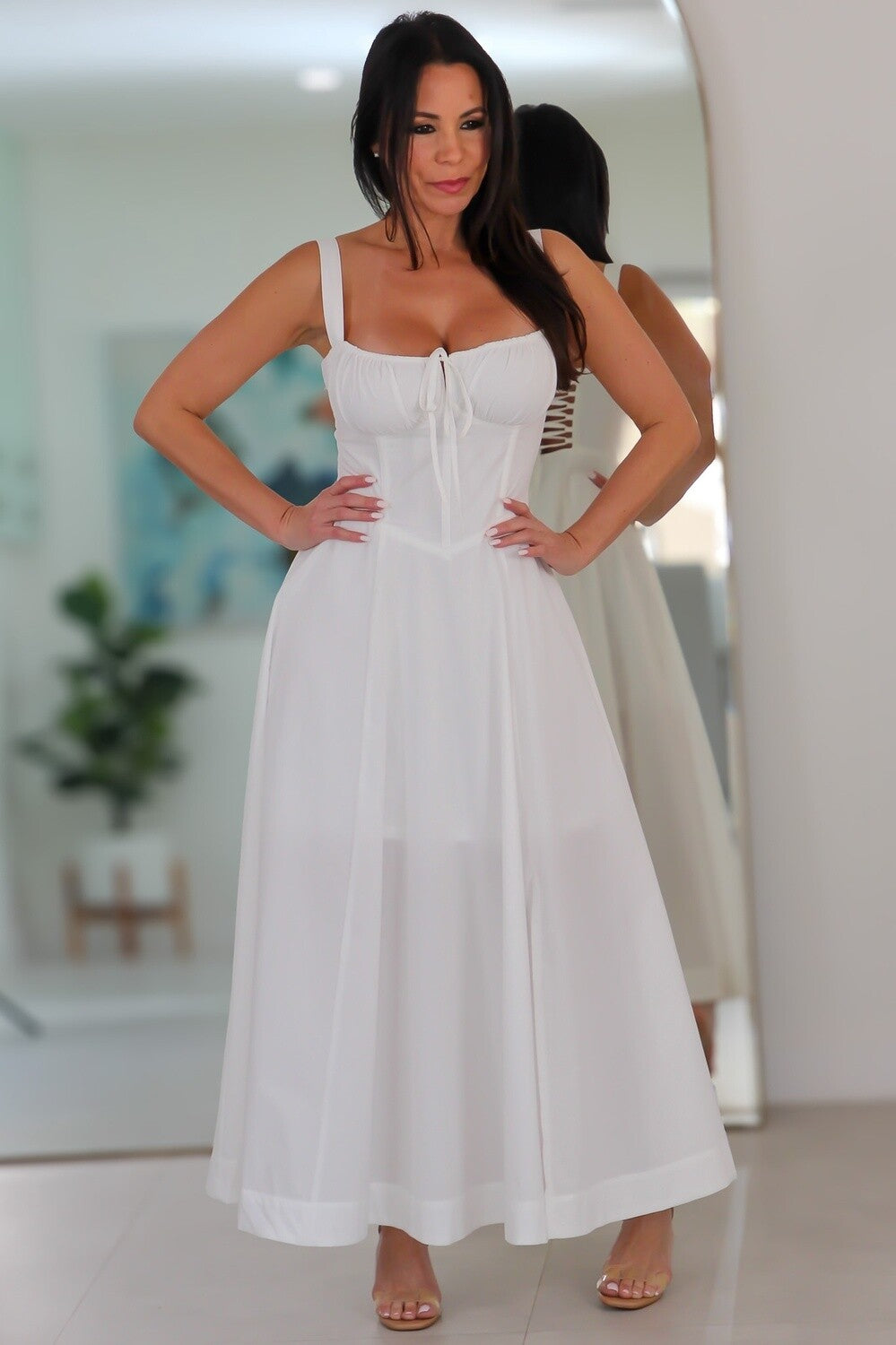 4553 Poplin Bustier Back Lace Up Bodice Midi Dress