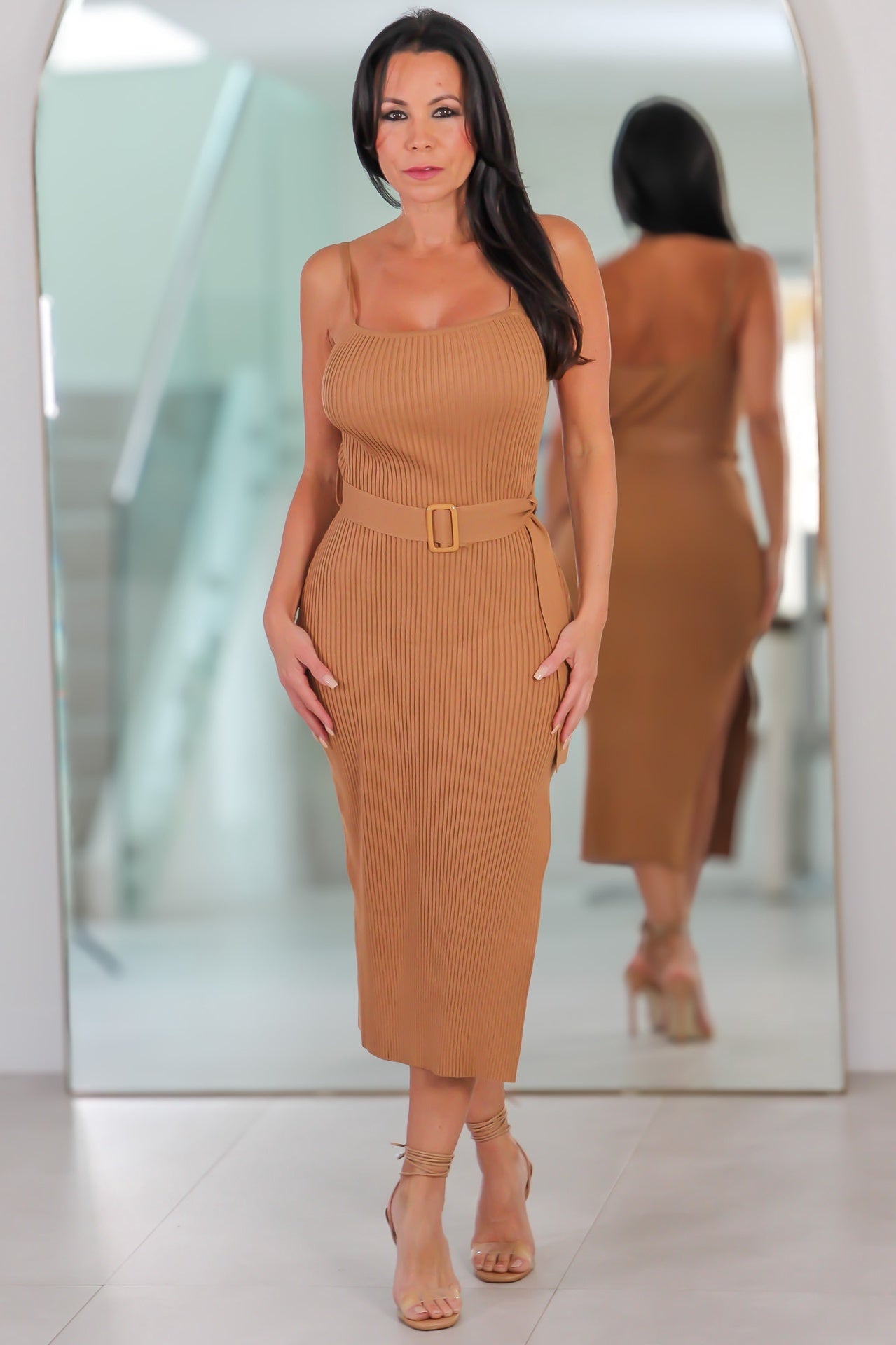 ribbed midi dress with belt Red Ribbed Knit Midi Dress: Belted Bodycon, Flared Sleeve
