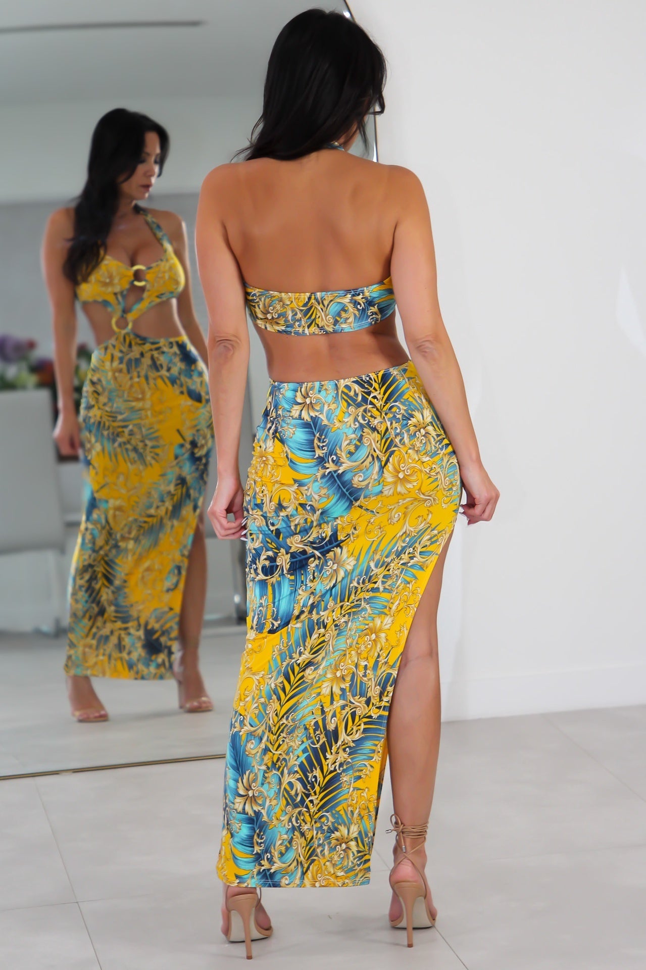 12591 Double Ring Cut Out Slit Maxi Dress,